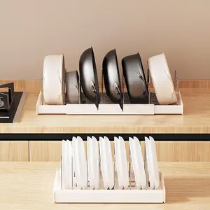 Expandable Kitchen Storage Rack for Pots and Pans, Pot Lid Organizer with 7 Adjustable Stainless Steel Dividers, Countertop & Cabinet Organizer for Pan Lids, Bakeware Utensils, Gift for Mom (White/Grey)