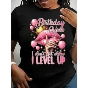 Women's Plus Size "Birthday Queen" Graphic T-Shirt - 100%, Breathable Round Neck with Fun Birthday Design (Lips, Stars, Leveled Up Text) - Perfect for Celebrations, Birthday Shirt
