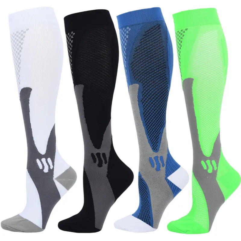 Isunie 4 Pairs Striped Series Compression Socks for Women & Men, Knee-High, Leg Support, Comfortable Compression, All-Day Support, Running, Training, Gym, Hiking, Sports Stockings