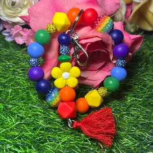 True rainbow wristlet keychain color scheme rainbow and  bling beads Made with wire