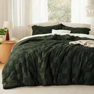 King Size Comforter Dark Olive Green, Boho Tufted, Checkered Farmhouse, 3, 1 Plaid Geometric Comforter and 2 Pillow Shams
