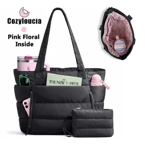 [summervibes] Coyzloucia Tote Bag with Floral Pint inside, Lightweight Puffy Work Handbag Teacher Nurse Quilted Shoulder Bag for School Travel Gym | Cloud Bag, Daily College Bags, 15.6" Laptop Bag, Clinical Nursing Bag, Gift for Women,,summervibes