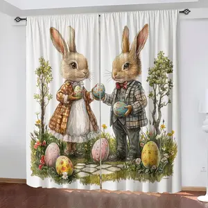 Easter Bunny Print Curtains, 2 Piece Modern Rod Pocket Design, Durable Polyester Fabric, Ideal for Kids Room Living Room Bedroom Home Decor, Home Decoration Curtain