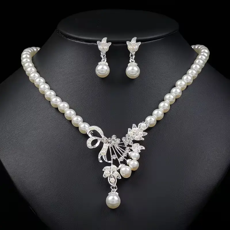 Women's 3-Piece Pearl Jewelry Set, Vintage-Style Romantic Flower Drop Necklace & Earrings with Beads for Bridal, Wedding, Anniversary, Bridal Dresses, Alloy