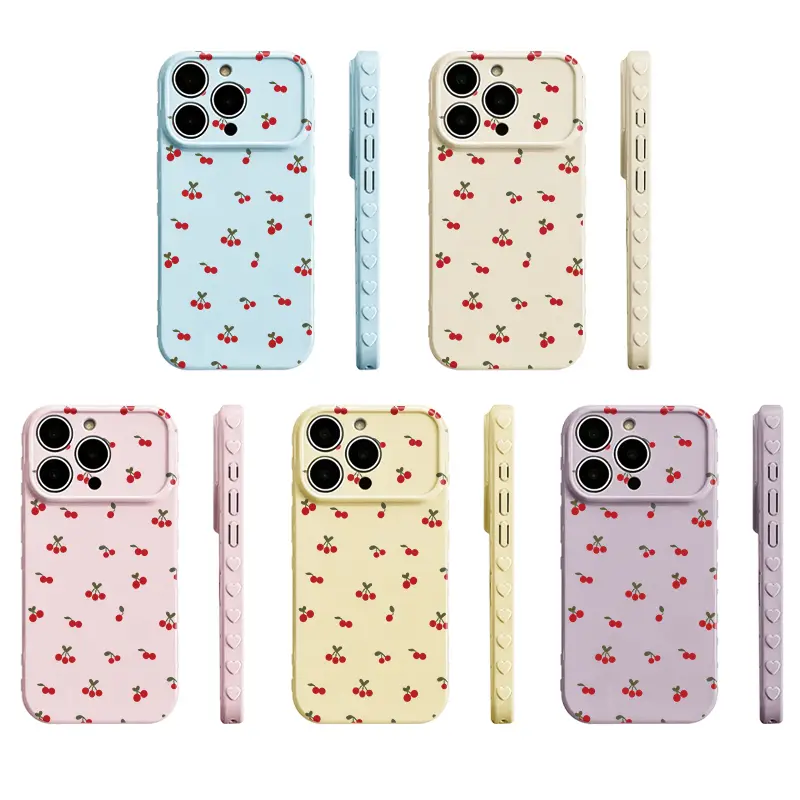 Minimal Cute Mini Red Cherry Phone Case Made Of Premium Glossy Soft Tpu‑Pc Composite Material. The Smooth Skin‑Friendly Surface Resists Fingerprints And Delivers A Silky Non‑Slip Grip. Exquisite Embossed Heart Patterns On Side Borders Add Sweet Detail