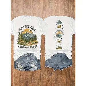 Women's National Park Pattern T-Shirt - Protect Our Parks Design With Mountain View - Fashion Double-Sided Print, Soft Crew Neck Short Sleeve Shirt - Casual Outdoor Travel Top - Everyday Style - Nature-Themed Clothing, Vacation Outfit, Comfortable Fit