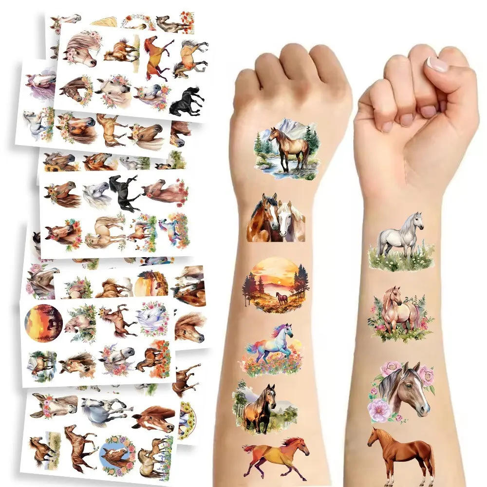 Kids Cartoon Horse Temporary Tattoo Stickers Set of 10, Fake Tattoos, Waterproof Sweat Resistant Party Favors, Fun Tattoos for Children