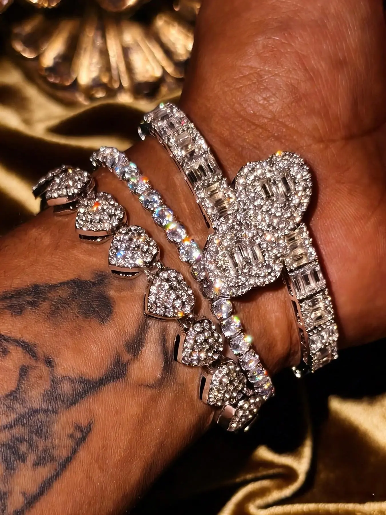 3 Piece Heart Zircon Bracelet Set, Elegant Cubic Zirconia Open Bangle, Hip Hop Style Full Diamond Heart Chain, Fashion Jewelry for Women, Matching Heart Bracelets, Exquisite Bracelet