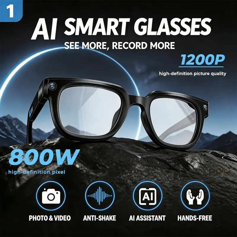 AI Smart Glasses with Camera - Magnetic Square Wearable, 8MP 1080p Photo/Video Capture, Hands-Free POV, App-Based Translation, Bluetooth Calls, WiFi, Android Compatible, Lightweight Design, Wireless Touch-Button, Music Player for Travel & Daily Use