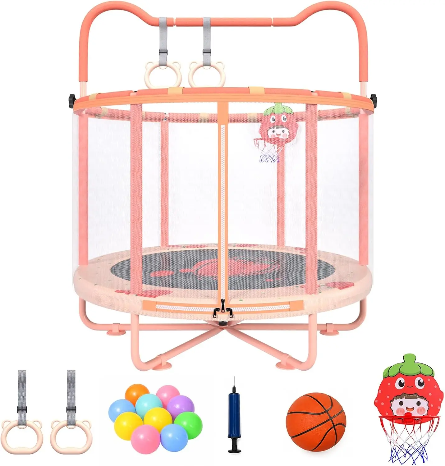 Gardenature 60" Indoor Home Trampoline for Kids 1-5 Years, Steel Frame Toddler Trampoline with Enclosure Net, Gymnastics Bar & Gap-Free Safety, Pink Strawberry Motor Skills Jumping Toy Gift