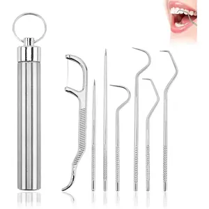 [7 Pcs Stainless Steel Toothpick Set]Reusable Toothpick Set with Holder, Durable Metal Toothpicks Cleaning Kit for Dental Hygiene, Outdoor Camping & Traveling