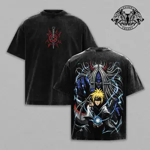 Vintage Anime Minato Graphic Oversized T-Shirt Sleeveless Tank Top Men, Retro Fourth Hokage Reaper Death Seal Streetwear Harajuku Gym Tee, Acid Wash Mineral Wash Black Heavyweight Cotton Top