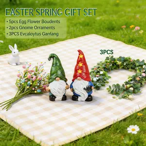 Spring Gnome & Garland Gift Set: Solar-Powered Resin Gnomes & 3PCS Eucalyptus Garlands & 5PCS Artificial Egg Flower Bouquets