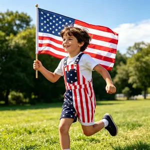 Babamoon Toddler 4th of July Denim Jumpsuit - American Flag Suspender Overall Shorts with Pocket for Boys & Girls, Summer Kids' Costume Romper