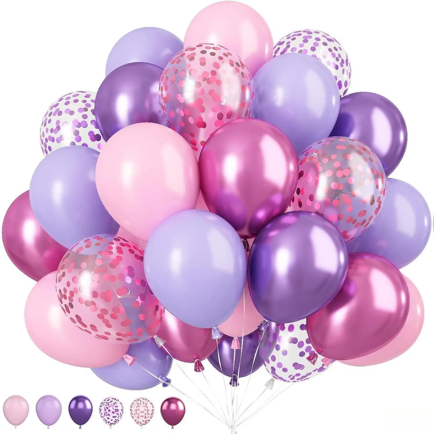 50PCS 12in Pink Purple Rubber Balloons, Metallic Mix & Confetti Natural Latex Balloons for Birthday, Anniversary Decoration, Suitable for Children