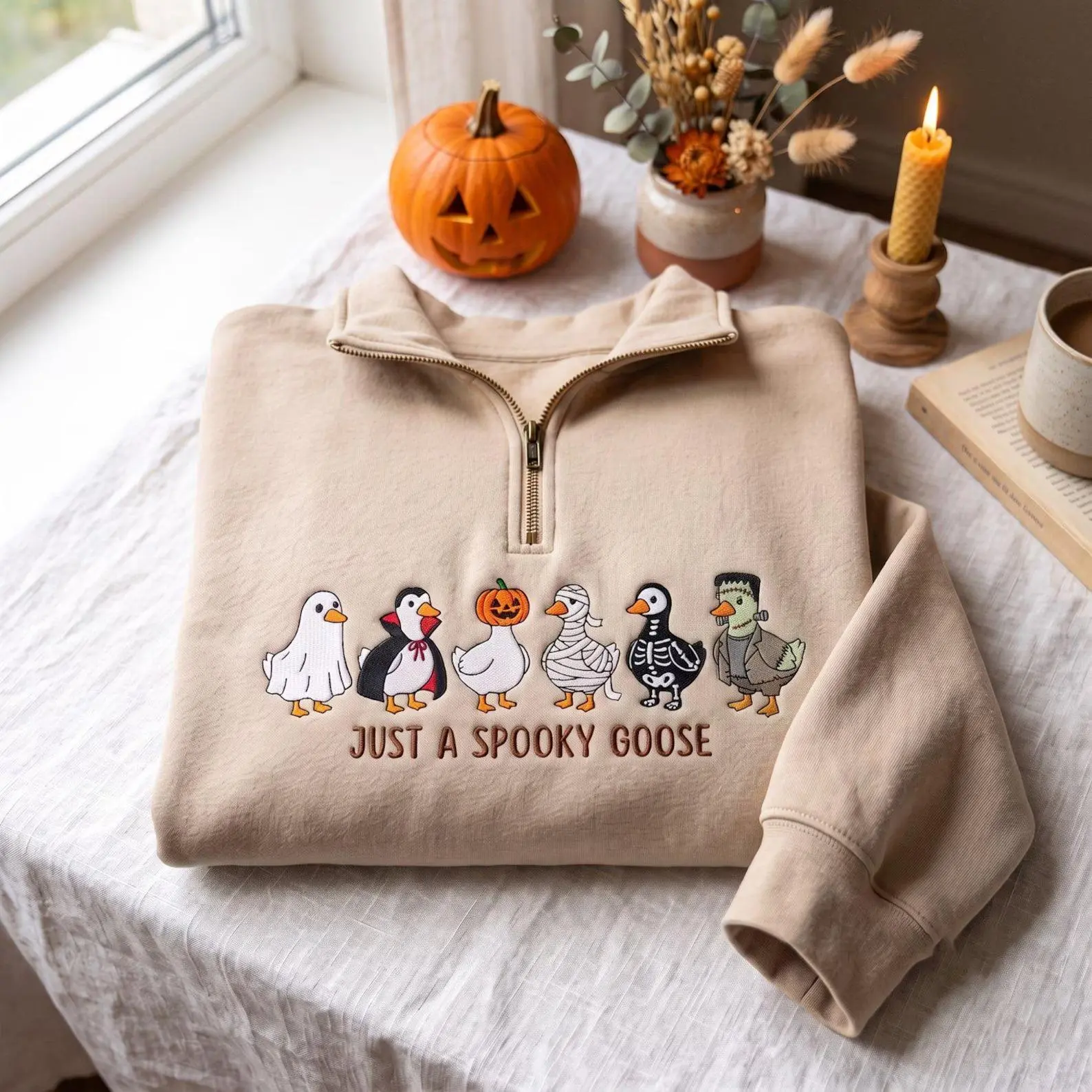 [Made in US] Embroidered Halloween Goose Quarter Zip Sweatshirt, Funny Halloween Crewneck, Just A Spooky Goose Shirt, Fall Gift