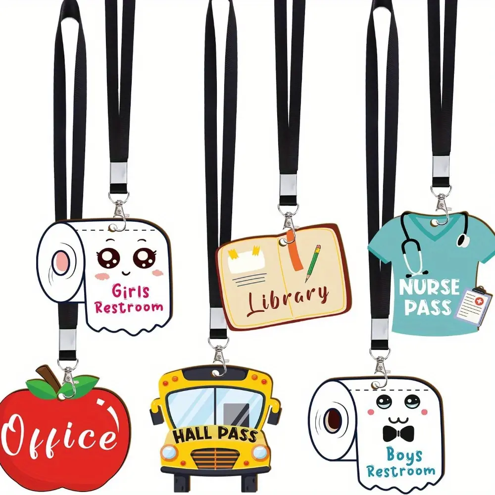 Aposwow 6 Set Hall Pass Lanyards, Cute Design for Classrooms & Schools, Durable Unbreakable Bathroom & Library Passes, Ideal Teacher Gifts, Classroom Supplies, Elementary School, Cute Lanyards for Id Badges, Name Tag Lanyards, Card Lanyard