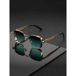Men's Vintage Industrial Rectangular Metal Frame Sunglasses - Square Frame Sunglasses, Engraved Details, Flexible Hinges, Summer Trendy Design, Vintage Rectangle Shades, Sunglasses Sports Eyewear, Edgy Sports Eyewear, 1 Size for Outdoor Use