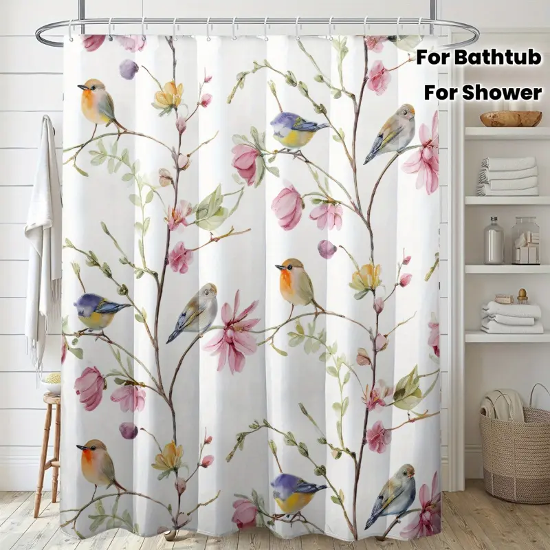 Flower Branch Birds Decorative Shower Curtain for Bathtub, Bathroom Home Decoration, Bathroom Decoration Accessories, all season universal, 72x72 inches