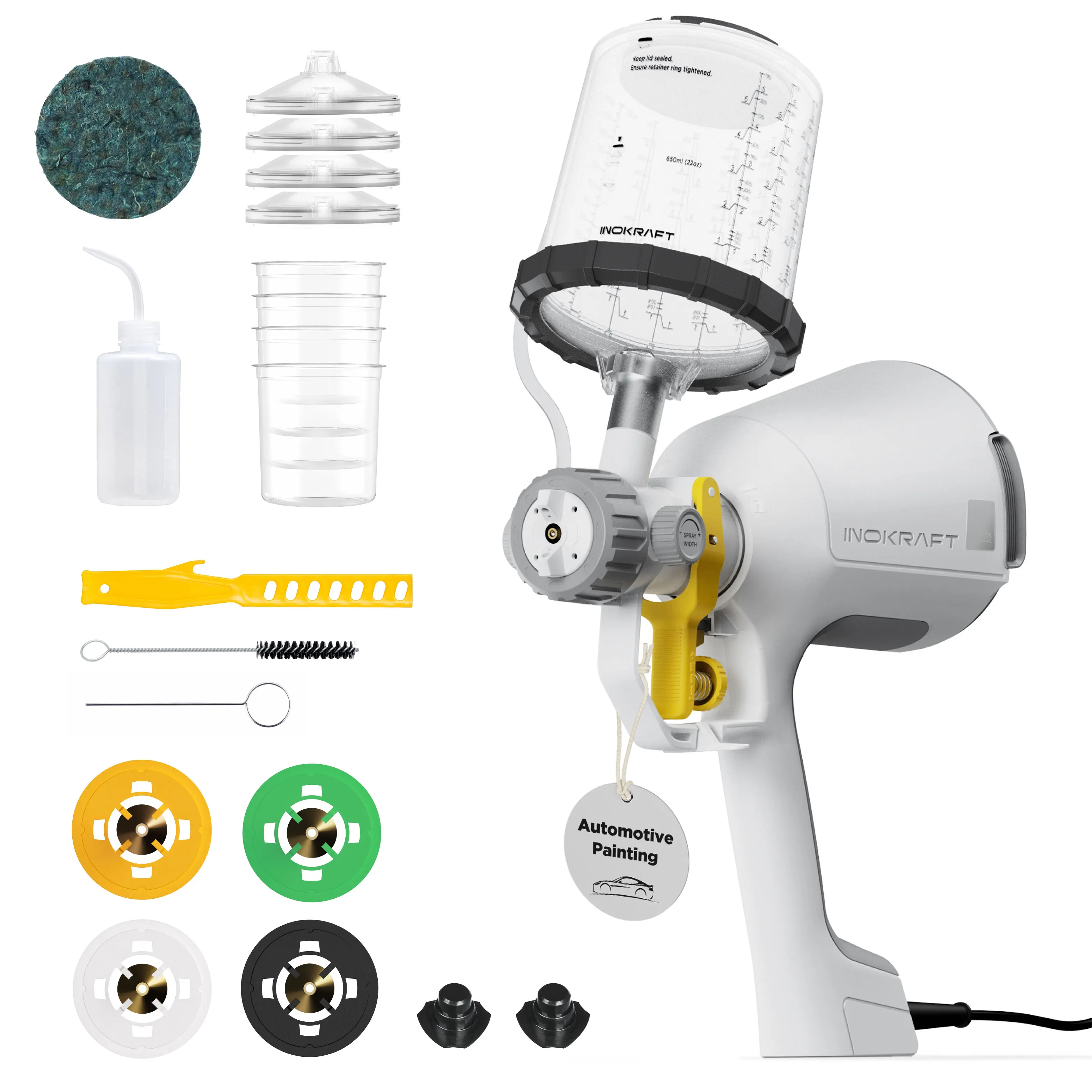 InoKraft Drizzle X Electric Car Spray Paint Gun for Automotive Spot Refinishing & Motorcycle Parts, 800W Compressor-Free, 22 oz Gravity Feed Paint Cup, 1.0mm/1.3mm/1.5mm/1.8mm Nozzles, 16.4 ft Power Cord, 5 Pack Disposable Inner Cups