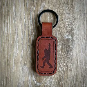 Bigfoot Custom Hand Made Leather Keychain with Unique Silhouette Design and Black Ring