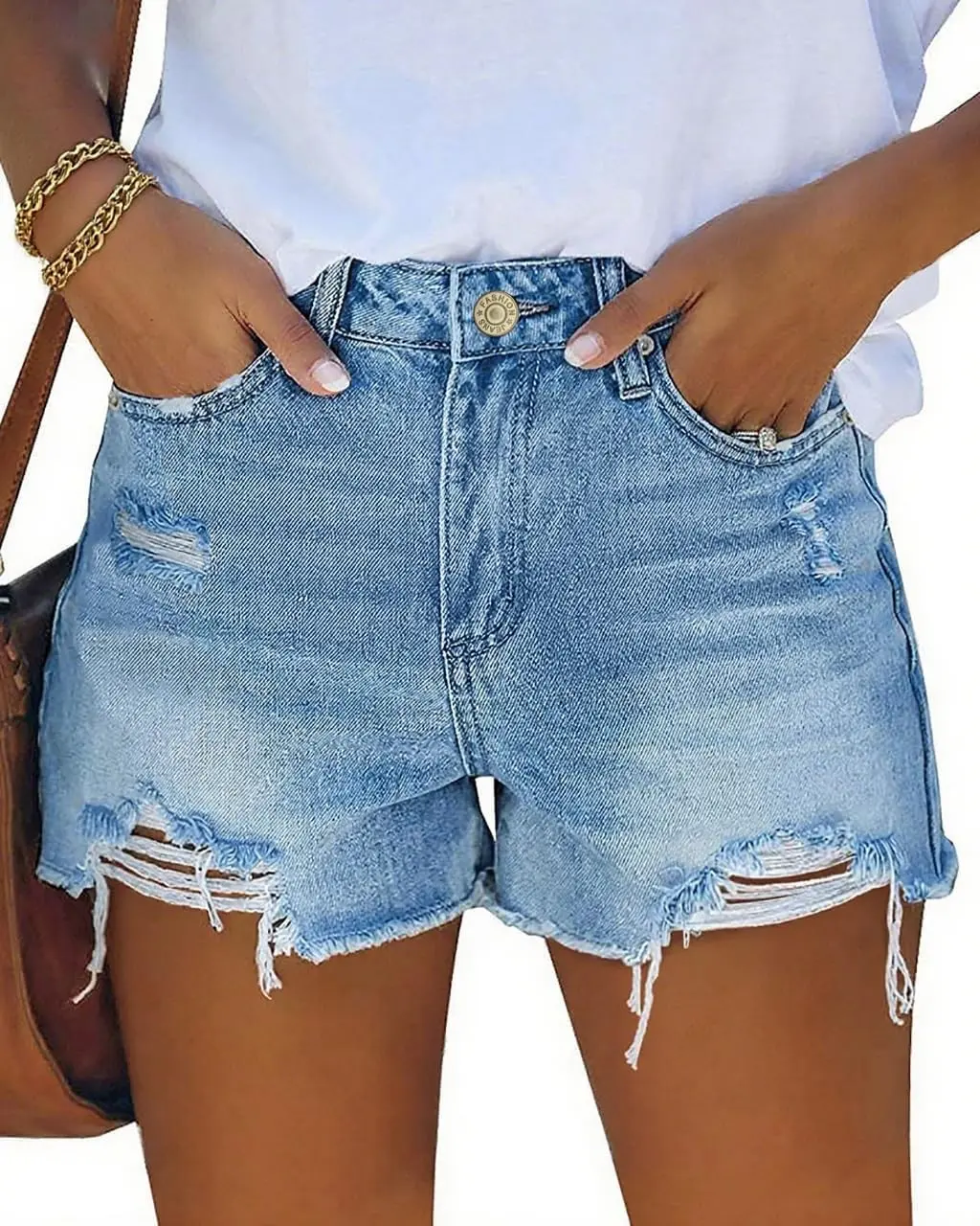 Womens Mid Rise Casual Cutoff Denim Shorts Distressed Stretchy Ripped Jean Shorts