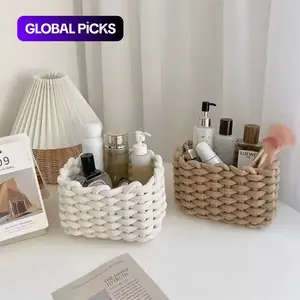1COUNT/2COUNTS Woven Decorative Storage Basket – Stackable Cosmetics Storage Basket & Desk Organizer, Desktop bin for Snacks & Home Decor Bedroom Living Room Vanity Bathroom Perfume Storage, Rope Basket #GLOBAL PICKS