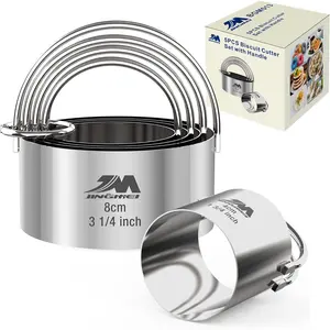 5 Pieces Circle Biscuit Cutter Professional Stainless Steel Round Cookies Mold Tool with Handle for Baking Gift Package