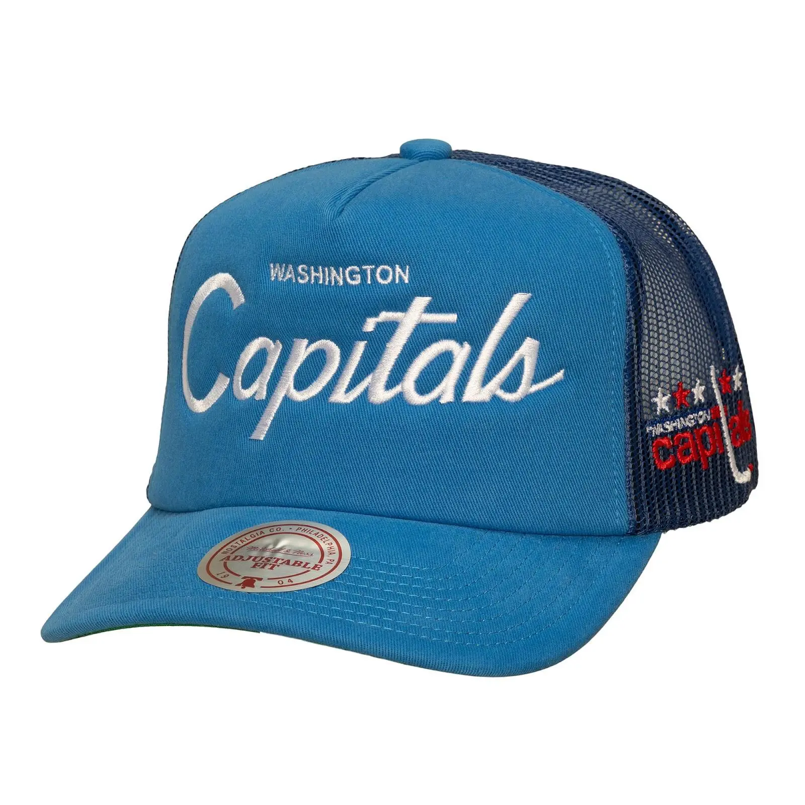 Mitchell & Ness Unisex Washington Capitals Blue Vintage Acrylic Graphic Trucker Hat - NHL Throwback, Adjustable, Casual, Hand Wash Fan Gear