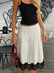 Women's White Satin Polka Dot Midi Skirt with Black Lace Hem, Elegant A-Line Flared Swing Skirt, Retro Casual Style, Suitable for Vacation & Daily Streetwear