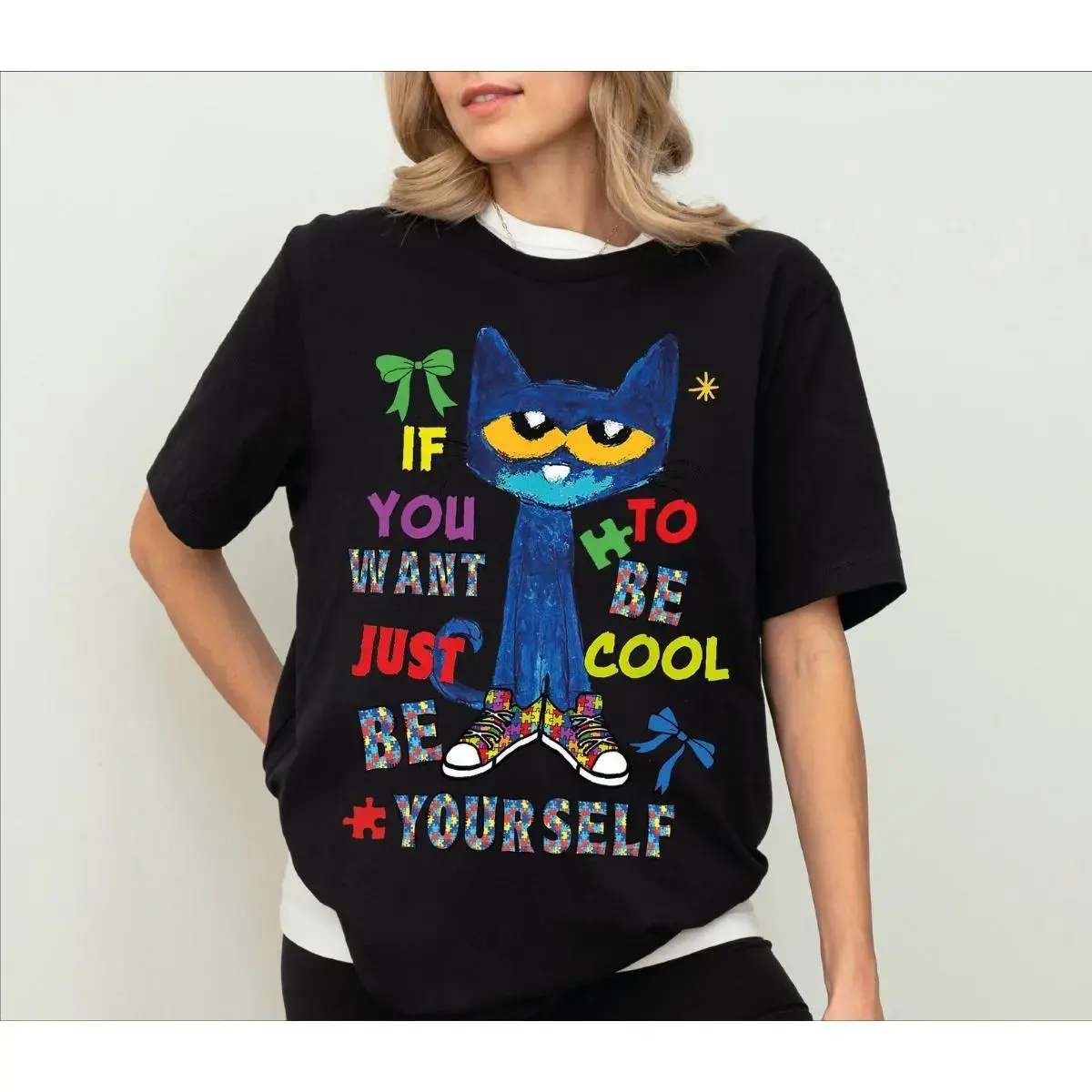 Classic "Be Yourself" Cat Graphic Sweatshirt , Comfortable Relaxed Fit 100% Cotton with a Modern Twist and Seamless Collar, Apparel, Clothes, Printed, Soft - HUNTWEAR SHOP