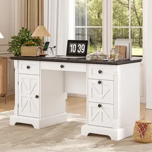 55"  Farmhouse Executive Desk with Charging Station, Office Desk with Drawers, Hidden Cabinet, Wood Computer Desk with 5 Drawers for Work Study Writing, White + Walnut