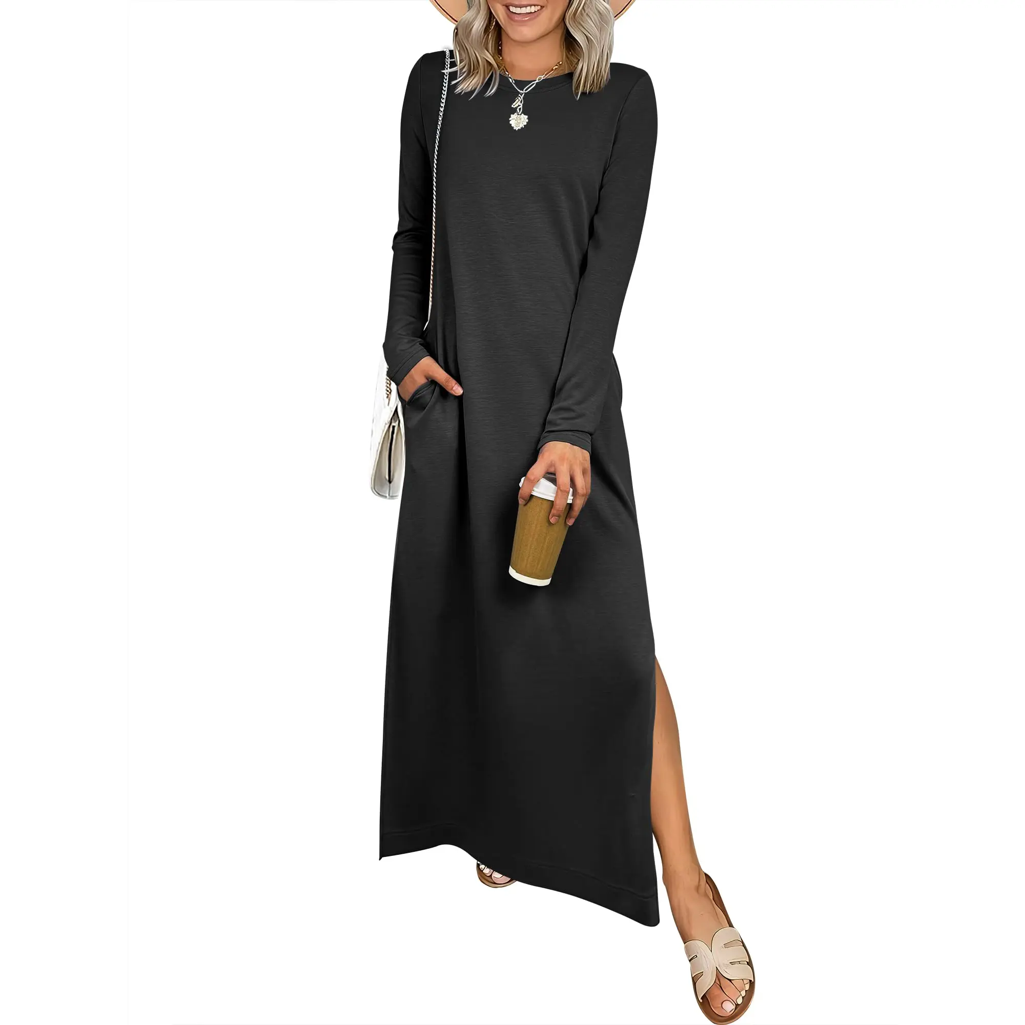 ANRABESS Women Long Sleeve Dresses 2026 Fall Casual Crewneck Loose Fit Split Flowy Wrinkle-Free Travel Vacation Maxi Dress