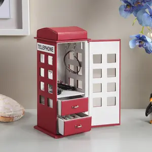 11.5" Tall British Telephone Booth Vanity Jewelry Box, Decorative Leather Home Organizer with Drawers, Ring Slots, Shelf Storage for Gifting