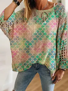 Women's Geometric Colorblock Knitwear Top, Long Sleeve Hollow Out Design, Casual Elegant Vacation Style, Spring Summer Fall Fashion, Womenswear