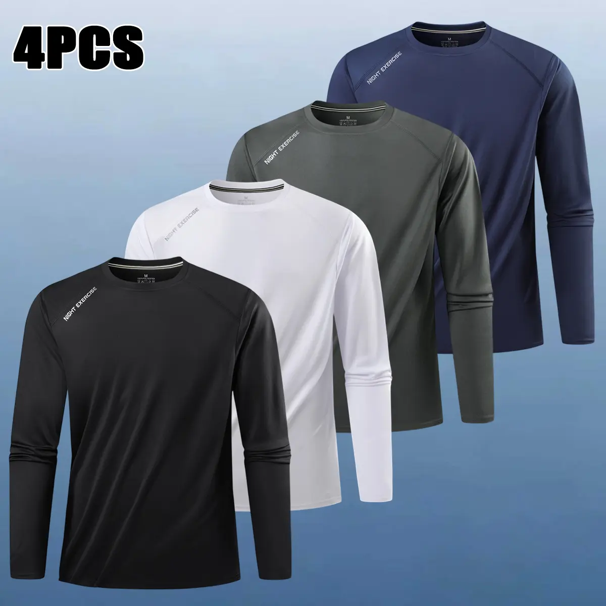 Men's Long Sleeve Tops 4-Pack, Round Neck Compression Quick Dry Activewear Shirts, Breathable Polyester Stretch for Athletic Workouts