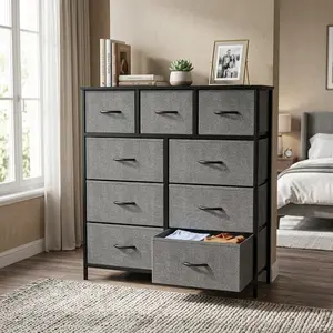 9 Tall Fabric Clothes Cabinet Storage Organizer, 9-Drawer Dresser with Wood Top & Steel Frame, Grid Cabinet Fabric Storage Tower with Easy Pull Handle, Charcoal Organizer Unit for Bedroom Hallway Entryway Closet