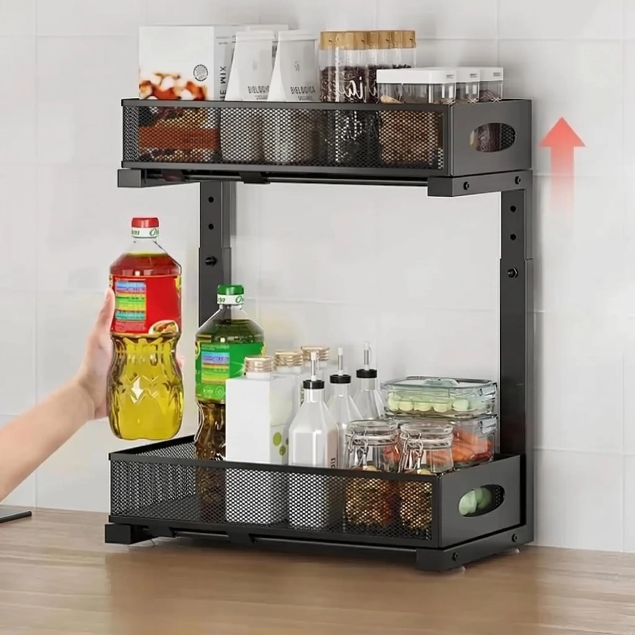 Under Sink Organizer, 2-Tier Kitchen Cabinet Organizer With Pull Out Drawer, Black/White Under Sink Storage for Bathroom Kitchen Closet