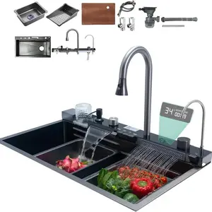 30x18 Inch Modern Stainless Steel Kitchen Sink with Dual Waterfalls, Pull-Out Faucet & Digital Display - SUS304, Water-Saving Design, Includes Installation Hardware, Kitchen Sink Accessories Large Stainless Steel Waterfall Kitchen Sink