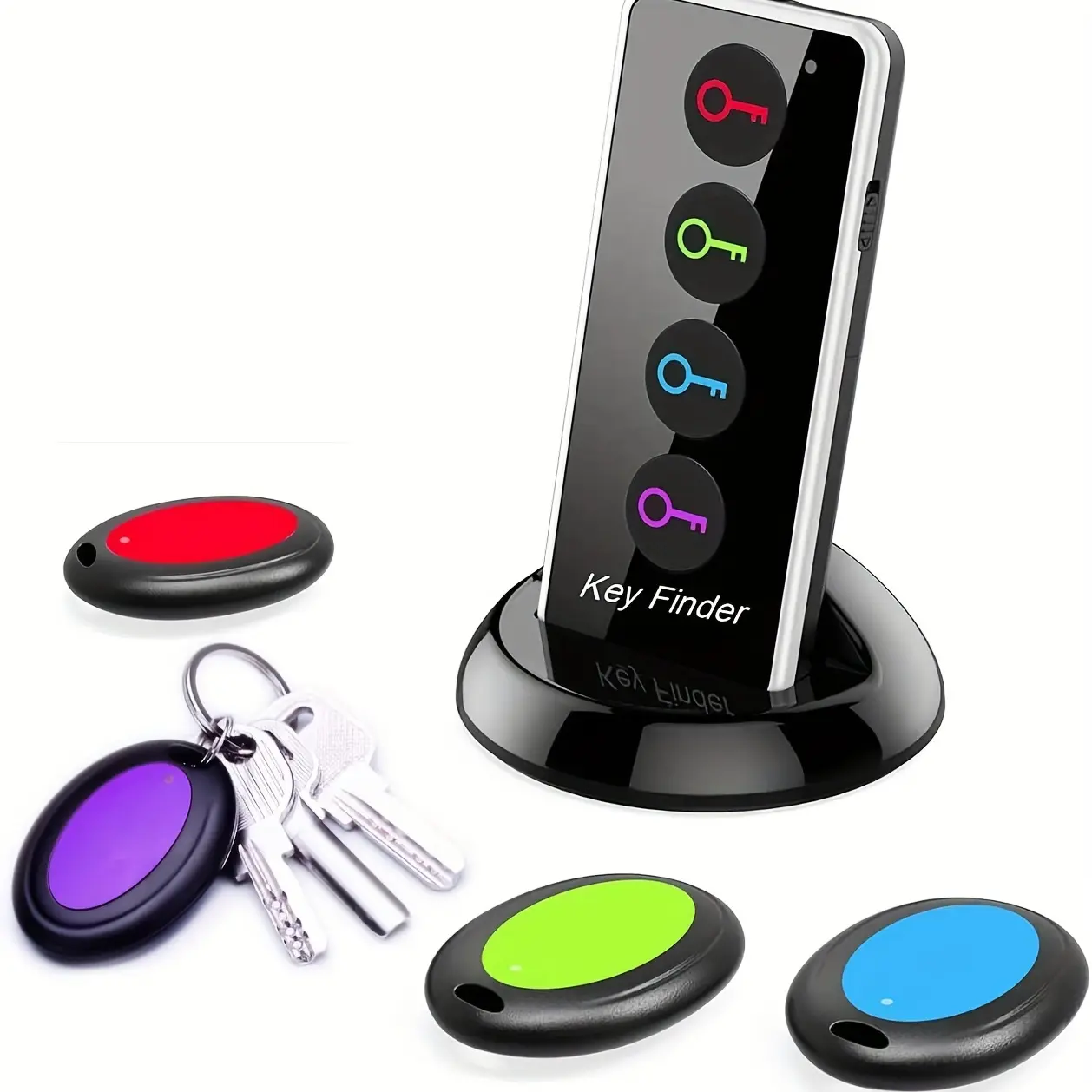 Key Finder, Key Tracker, Easy-To-Use Anti-Lost Device for Seniors, Track Car Keys, Phones, Wallets, Remotes, Includes 1 Transmitter + 4 Receivers, Smart Key Finder
