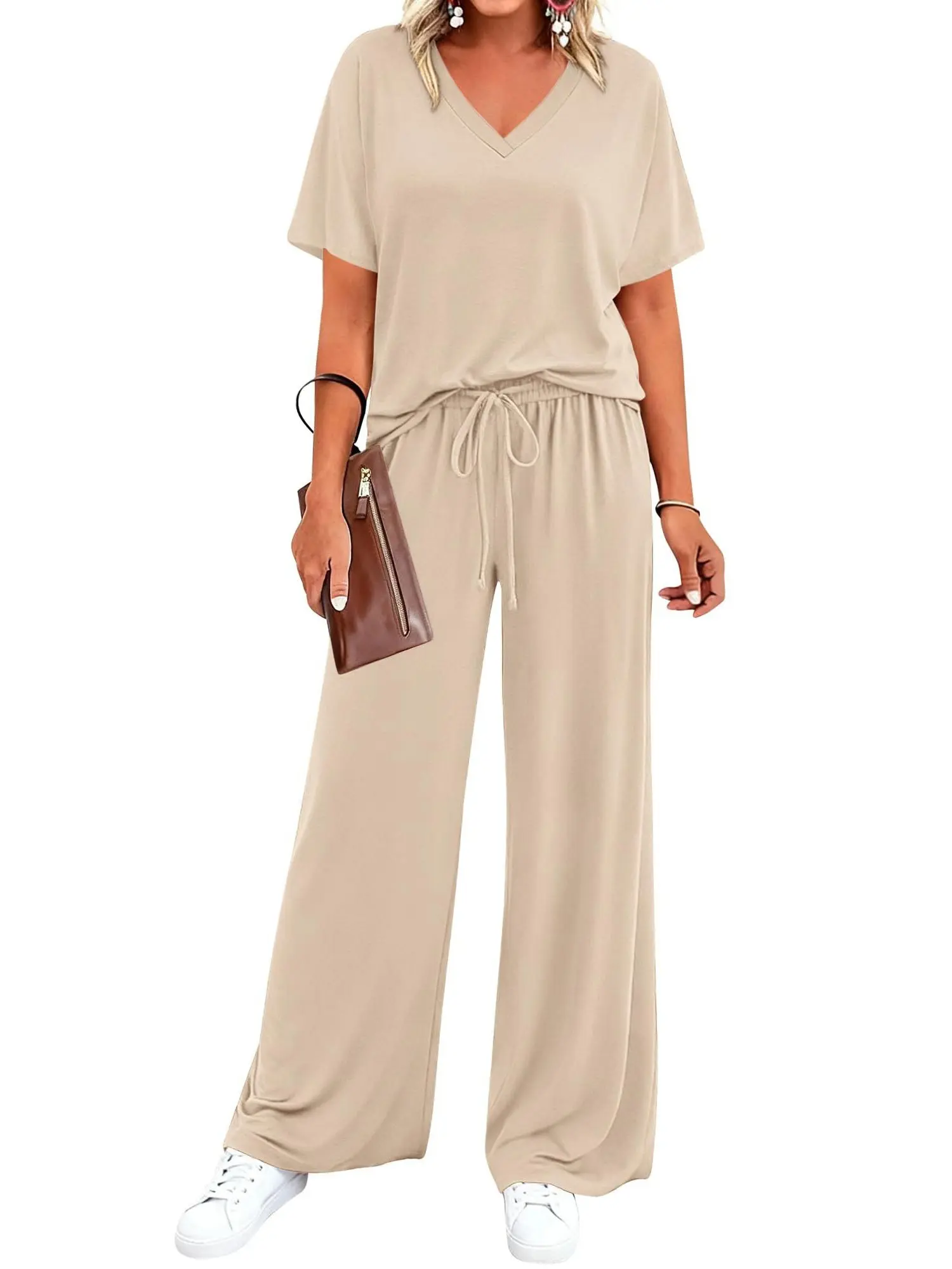BTFBM 2-Piece Sets for Women Summer V Neck Short Sleeve Lounge Set Wide Leg Pants Matching Set Airport Travel Outfits #Clearance
