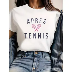 APRES Women's Tennis Graphic T-Shirt - Slim Fit Short Sleeve Top with Bold Lettering & Racket Design, Breathable White Casual Shirt for Spring/Summer, Machine Washable, Spring Summer Clothing, Sports Fan Apparel, Sporty Style Tee,Comfortable Fit