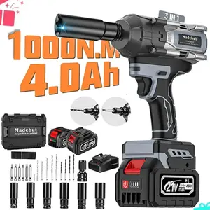 1000N.m Cordless Impact Wrench, All-Metal Cordless Impact Gun with 2 * 4.0Mah, 3-IN-1 Electric Impact Wrench with 5 Sleeves, High Torque 1/2 Impact Wrench Drill Tool Kit Battery