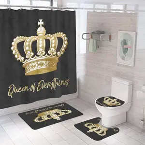 Crown Pattern Bathroom Accessories, 4 Counts/set Including 1 Shower Curtain with 12 Hooks & 1 Toilet Lid Cover & 1 Rectangular Mat & 1 U-shaped Mat, Bathroom Decor Supplies, Bathroom Decoration Accessories