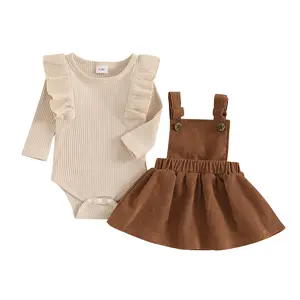 Newborn Baby Girl Outfits Ruffle Long Sleeve Ribbed Knit Romper Corduroy Suspender Skirt Overall Dress Cute Fall Winter Clothes