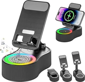 Experience Immersive Audio and Dynamic Ambiance with This 5-in-1 Wireless Induction Speaker – Features 360° Adjustable Phone Stand, 8 RGB Mood Lights, Stereo Sound, and a 5000mAh Power Bank, Perfect for Gifting or Elevating Your Desk Setup