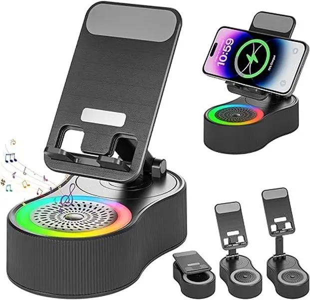 Experience Immersive Audio and Dynamic Ambiance with This 5-in-1 Wireless Induction Speaker – Features 360° Adjustable Phone Stand, 8 RGB Mood Lights, Stereo Sound, and a 5000mAh Power Bank, Perfect for Gifting or Elevating Your Desk Setup