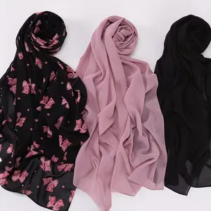 3pcs/set Solid Color Chiffon Scarf + Printed Muslim Hijab Three-Piece
