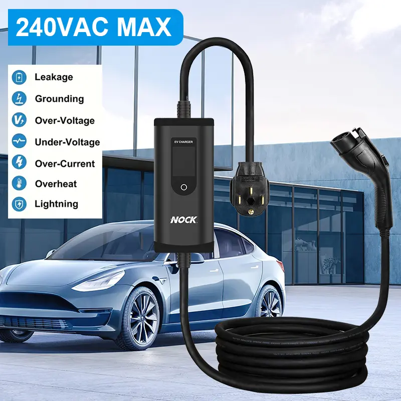 Fast EV charger. Electric vehicle, charging station level 1 and 2, adjustable charging rate for 32A, compatible with 110V/240V, ready to charge, portable
