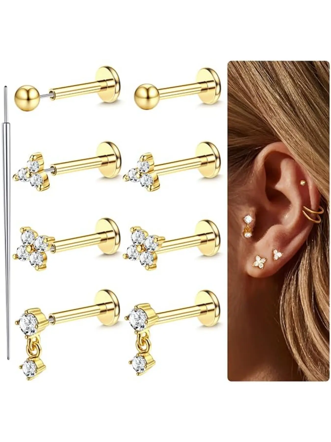 Steel Tragus Piercing Jewelry, Surface Tragus Piercing Jewelry, Labret Piercing Jewelry, Threadless Push-In Nose Studs, Gems Nose Ring, Hinged Septum Ring, Tragus Earrings, Flat Back, 6/7/8mm, Flat Pierced Jewelry